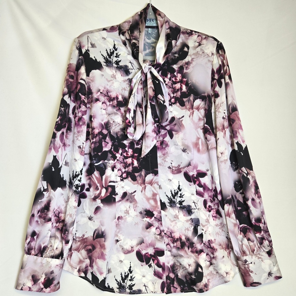 Hawes & Curtis Fitted Floral Satin Pussybow Blouse‎ Purple White Black 14 Flaws